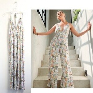 Timing floral print jumpsuit wide leg halterneck resortwear tropical cottage L